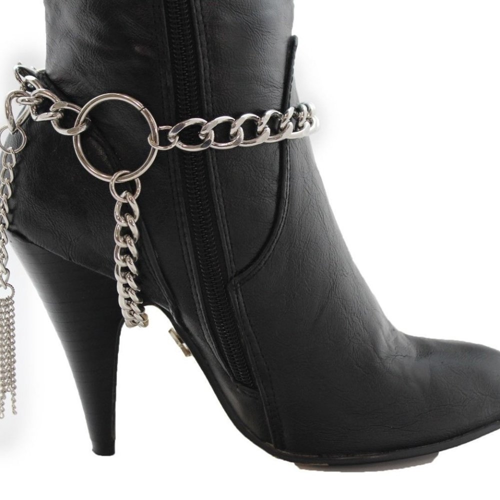 Women Silver Metal Boot Chain Bracelet Circle Back Tassel Shoe Charm Anklet - Picture 4 of 12